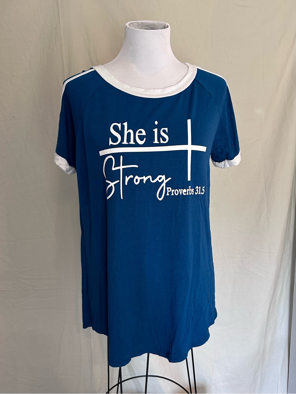 'She is Strong' Short Sleeve Ringer Tee - Blue/White Cool Melon Proverbs XL